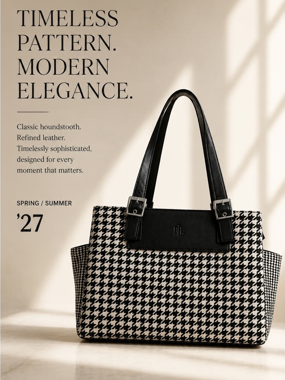 Ralph Lauren Black & White Houndstooth Leather-Trim Tote